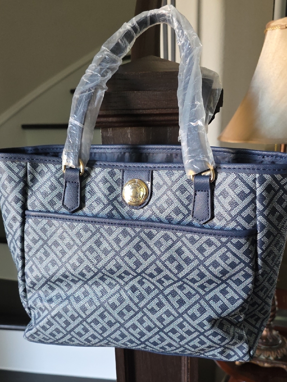 Tommy Hilfiger Navy and Light Blue Monogram Tote with Gold Emblem